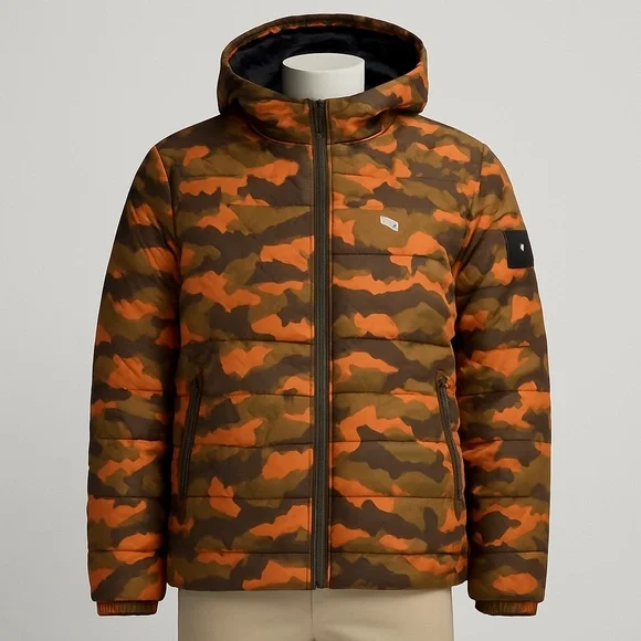 Tommy Hilfiger Mens XXL Orange Camo Hooded Puffer Parka Insulated Never worn - Picture 1 of 11